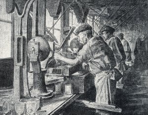 Taller de tallado en la fábrica de cristal de Sevres, cerca de París Grabado de "Excursion a travers les metiers" de Pierre Calmette Colección particular de Pierre Calmettes
