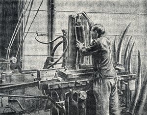 Artesano del marfil cortando colmillos de elefante Grabado de "Excursion a travers les metiers" de Pierre Calmette Colección particular de Pierre Calmettes