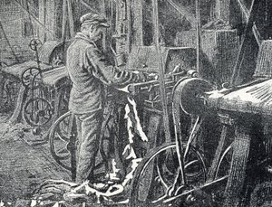 Industria del cuero: siega mecánica de pieles Grabado de "Excursion a travers les metiers" de Pierre Calmette Colección particular de Pierre Calmettes