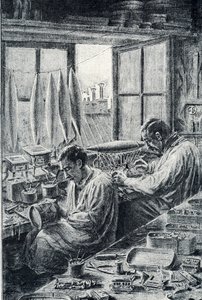 Obreros parisinos fabricando juguetes Grabado de Pierre Calmette Colección particular de Pierre Calmettes