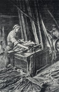 Peausserie, le corroyage: marroquinería, el ablandamiento de las pieles de animales en un grabado más completo de Pierre Calmette Collection privee de Pierre Calmettes