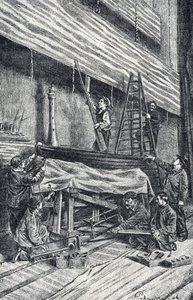 Maestros de la propiedad: montaje de decorados antes de la representación Grabado de "Excursion a travers les metiers" de Pierre Calmette Colección particular
