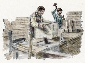 Savonnerie: le decoupage des breads de soap (fabricación de pastillas de jabón) Grabado de "Excursion a travers les metiers" de Pierre Calmette Colección particular