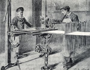 Taller de seda: la preparación de la cadena en la carpeta (Trabajo de la seda) Grabado extraído de "Excursión por los metiers" de Pierre Calmette Colección Privada