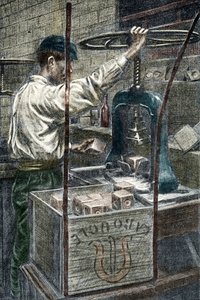 Fábrica de jabón: estampación de la marca de jabón Grabado de "Excursion a travers les metiers" de Pierre Calmette Colección particular