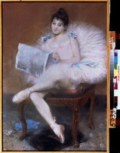 Bailarina de ballet sentada. Bailarina con tutú leyendo "el pequeño periódico". de Pierre Carrier Belleuse
