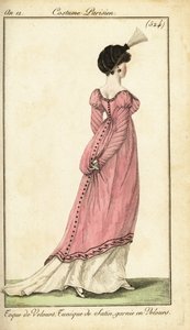 Mujer con vestido de túnica de raso y tocado de terciopelo, París de Pierre Charles Baquoy