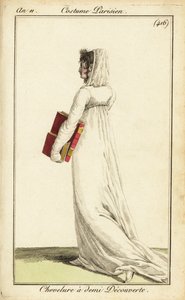 Mujer con vestido blanco y velo sobre la mitad del cabello, París de Pierre Charles Baquoy