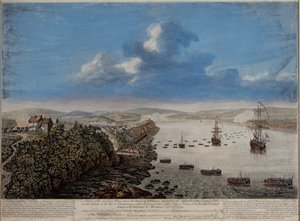 Vista del lugar de desembarco sobre la ciudad de Quebec describiendo el asalto...en las Alturas de Abraham, 13 de septiembre de 1759, c.1760 de Pierre Charles Canot