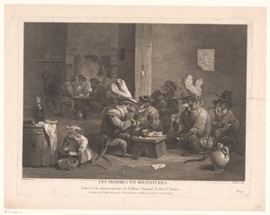 Monos fumando y bebiendo en una posada Les hommes y mignatures. (título en el objeto) de Pierre Chenu