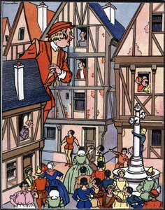 El gigante Gargantúa en las calles de Chinon Ilustración de Pierre Couselles (fallecido en 1938) a partir de "Gargantúa" de François Rabelais. de Pierre Courselles