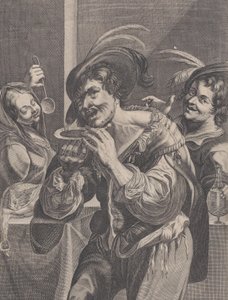 Hombre bebiendo sopa mientras dos personas lo observan, 1624-75