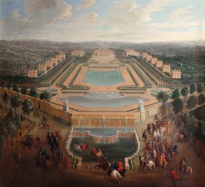 Vista general del castillo y pabellones en Marly de Pierre Denis II Martin