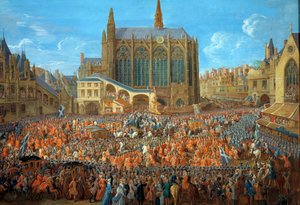 El Rey Luis XV (1710-1774) saliendo del lecho de justicia celebrado en el Palacio de Justicia de París el 12/09/1715. La Sainte Chapelle es visible. Pintura a la gouache de Pierre Denis Martin (1663-1742) 1715. París, Museo Carnavalet de Pierre Denis Martin