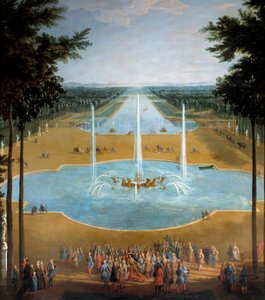 Vista del estanque de Apolo y el Gran Canal de Versalles en 1713, en primer plano: el Rey Luis XIV (1638-1715) en el paseo alrededor de 1713 (detalle) de Pierre Denis Martin