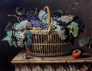 Naturaleza muerta de un racimo de uvas en una cesta