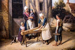 La familia del granjero (campesinos ocupados preparando cáñamo delante de la puerta de una casa de campo)