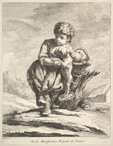 Niño con un perro, sosteniendo una cesta de uvas, de Premier Livre de Figures d