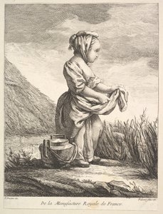 Niña pequeña con un recipiente a sus pies, de Premier Livre de Figures d