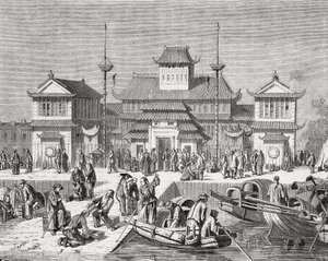 China, Shanghai, Aduana de Shanghai, grabado de Pierre Eugene Grandsire