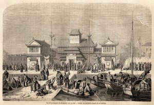 El edificio de aduanas de Shanghái, dibujo de Grandsire, para ilustrar el viaje a China y Japón, en 1857-1858, del Marqués de Moges. Grabado en "Le tour du monde, nouveau journal des voyages" París