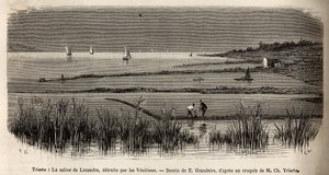 La salina de Lusandra, en las cercanías de Trieste, destruida por los venecianos que la veían como una peligrosa rivalidad al monopolio que ejercían en el Adriático, grabado por E.Grandsire ilustrando el viaje a Istria y Dalmacia en 1874 por Charles Yria de Pierre Eugene Grandsire