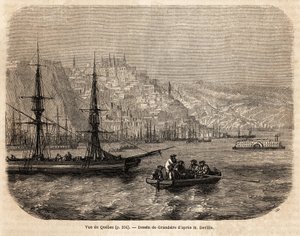 Vista de Quebec, dibujo de Grandsire, para ilustrar los viajes a América del Norte en 1854-1855, por L. Deville. Grabado en "Le tour du monde" 1861. Colección Selva de Pierre Eugene Grandsire