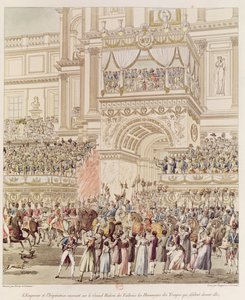 El emperador y la emperatriz recibiendo el homenaje de las tropas francesas desde el balcón de las Tullerías en ocasión de su matrimonio, grabado por Charles Pierre Joseph Normand (1765-1840) de Pierre Francois Leonard Fontaine