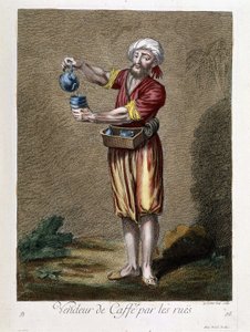 Vendedor de café por las calles, “Colección de 100 grabados que representan diferentes naciones del Levante en 1707 y 1708” por órdenes de M. de Frriol, embajador del rey en la Puerta y actualizado en 1712-13 por el cuidado de M. Le Hay, grabador Basan, Pa de Pierre François Basan