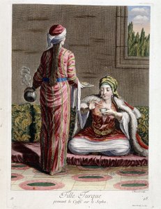 Chica turca tomando café en el sofá, "Colección de 100 grabados que representan diferentes naciones del Levante en 1707 y 1708" por órdenes de M. de Frriol, embajador del rey en la Puerta y actualizada en 1712-13 por el cuidado de M. Le Hay, Basan de Pierre François Basan