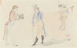 Hoja de boceto ligero que muestra a dos dandis que se reúnen y un amour de ballet de Pierre François Eugène Giraud