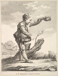 Niño pequeño sosteniendo una corona y una canasta de flores, del Deuxième Livre de Figures d