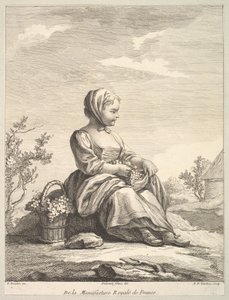 Niña pequeña sosteniendo uvas con una canasta a su lado, de Deuxième Livre de..., después de 1757 de Pierre François Tardieu