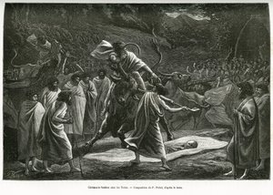 Una ceremonia funeraria para los Todas, una pequeña comunidad pastoral en la meseta de Nilgiri (Sur de India), durante el funeral, se sacrifican ganado. Grabado por P.Fritel, para ilustrar el recital recuerdos de un viaje a los Nilgherries, por Madame Jans de Pierre Fritel
