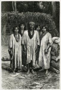 Jefe Lacandon y tipos Lacandon, pueblo maya que vive en las selvas de Chiapas (México). Grabado por P. Fritel, para ilustrar la historia "Viaje a Yucatán y la Tierra de los Lacandones", en 1882, por Désiré Charnay (1828-1915) arqueólogo y fotógrafo de Pierre Fritel