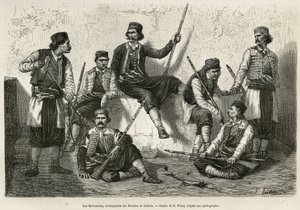 Los Krivoscians, montañeses de las Bocas de Cattaro (o Kotor, bahía en la costa occidental de Montenegro), armados para resistir la fuerza de invasión de las tropas austriacas. Grabado según el dibujo de P.Fritel, para ilustrar el viaje a Dalmacia, por C de Pierre Fritel