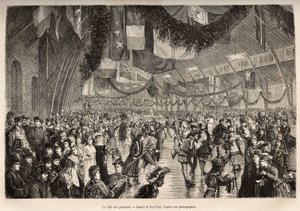 El club de patinadores de Montreal, en una reunión para una noche de patinaje de disfraces, ilustración de la excursión a Canadá y el río Rojo del norte, por H. De Lamotte, en 1873, publicado en “Le tour du monde” 1875, editado por Edouard Charton de Pierre Fritel