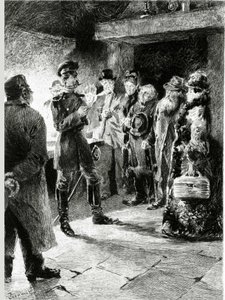 Un oficial alemán pide a Bola de Sebo a cambio de la libertad de todos los pasajeros que han sido arrestados en la diligencia. En “Bola de Sebo” de Guy de Maupassant (1850-1893). Ilustración de P. G. Jeanniot (1848-1934). Publicado en Ollendorff de Pierre Georges Jeanniot