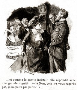 "Boule de Suif": Elisabeth Rousset se niega a responder al Conde, principios del siglo XX (ilustración) de Pierre Georges Jeanniot