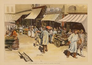 Marchandes de quatre saisons en la rue du Faubourg Saint-Denis, París (litografía en color) de Pierre Georges Jeanniot
