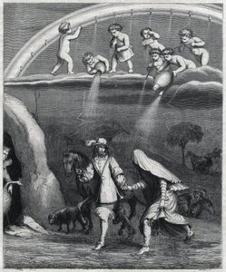 Eneas y Dido sorprendidos por la lluvia en el bosque. Ilustración de "Virgilio travestido" por Paul Scarron (1610-1660), una parodia de "La Eneida". Grabado por Staal de Pierre Gustave Eugene Staal