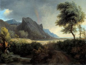 Paisaje montañoso bañado por el mar. Arco iris. de Pierre Henri de Valenciennes