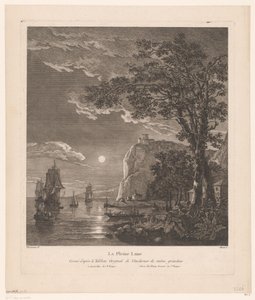 Paisaje nocturno con barcos en la costa La Pleine Lune. (título en el objeto) de Pierre Jacques Duret