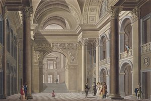 Vestíbulo del Palais Academique en Gante, de Choix des Monuments, Edifices et Maisons les plus remarquables du Royaume des Pays-Bas por Pierre Jacques Goetghebuer, grabado por L. Roelandt de Pierre Jacques Goetghebuer