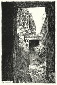 En el Bayon, vistazo a través de un techo caído (grabado) de Pierre Jeannerat de Beerski