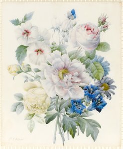 Un Ramo de Flores incluyendo una Peonía, Rosas, Hibisco, Ásteres, Genciana y una Mariposa Azul Imaginaria