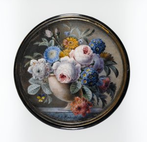 Caja de concha de tortuga con una miniatura de flores en un jarrón de piedra sobre una losa de mármol, 1827