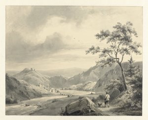 Paisaje de ladera con cazador con perro en movimiento de Pierre Louis Dubourcq