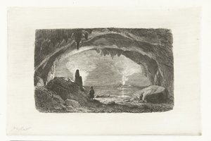 Hombre con un bote de remos en las cuevas de Han de Pierre Louis Dubourcq