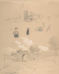 Hoja de estudio con figuras y paisajes en Arnemuiden cerca de Middelburg, mediados del siglo XIX de Pierre Louis Dubourcq